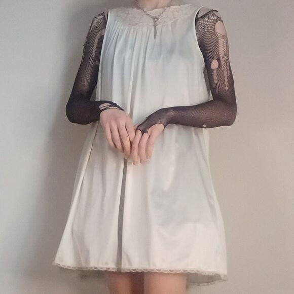 Vintage Repaired Cream High Neck Flowy Slip Dress - Picture 1 of 15